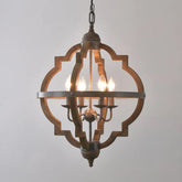 Decorative pendant light with wooden frame and metal accents on a gray background