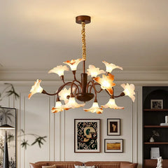 Bronze Floral Chandelier Pendant Light with Frosted Glass Bell Shades