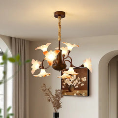 Bronze Floral Chandelier Pendant Light with Frosted Glass Bell Shades