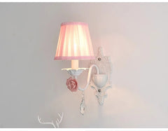 White Metal Rose Sconce with Pink Pleated Shades and Crystal Drop