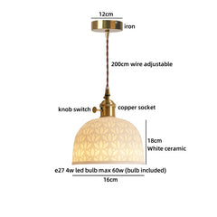 Pendant light with measurements and features on a white background