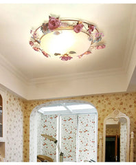 Pink Rose Bud Metal Semi-Flush Ceiling Light with Frosted Glass Shade