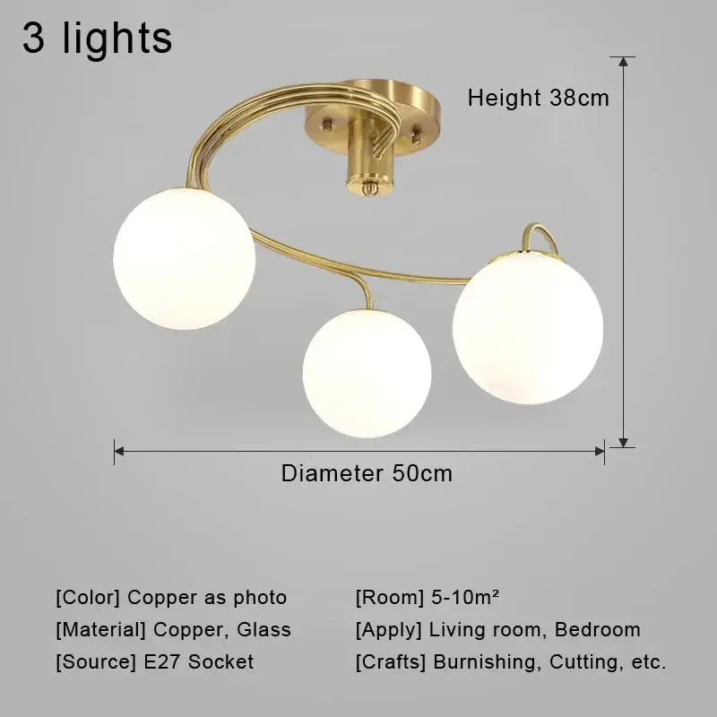 Ceiling light fixture with three spherical bulbs, labeled with dimensions and specifications.