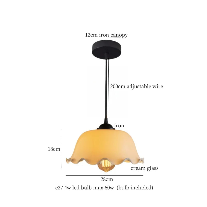 Pendant light with labeled parts and dimensions on a white background