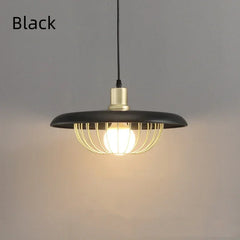 Wood Finish Drum Pendant Light with Brass Gold Wire Cage Shade
