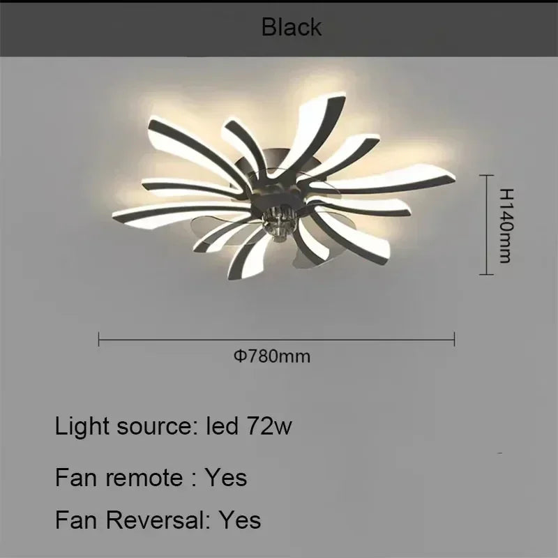 Ceiling fan with dimensions and specifications on a gray background