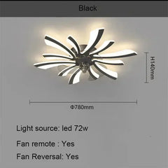 Ceiling fan with dimensions and specifications on a gray background