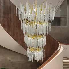 Gold Crystal Tiered Waterfall Chandelier with Cascading Petals