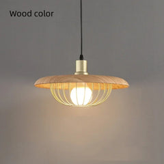 Wood Finish Drum Pendant Light with Brass Gold Wire Cage Shade