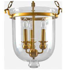 Brass Lantern Pendant Light with Clear Glass Bell Shade and Chain
