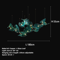 Decorative ceiling light fixture with leaf design and measurements on a black background