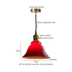 Red pendant light with labeled parts on a white background