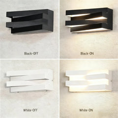Wall-mounted light fixture showing black and white versions with 'OFF' and 'ON' states.