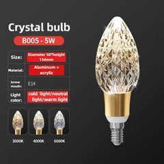 Crystal light bulb with specifications on a dark background