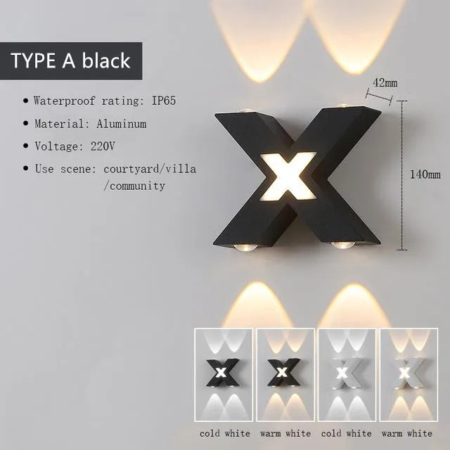 Black wall light fixture with specifications on a gray background