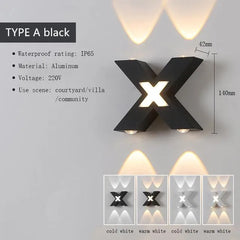 Black wall light fixture with specifications on a gray background