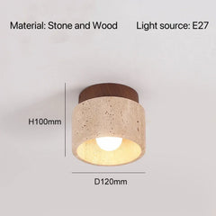 Stone Cylinder Pendant Light with Wood Accent and Natural Texture