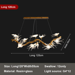Chandelier with birds on a branch, dimensions shown, on a black background