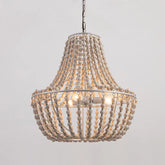 Close-up of a rustic chandelier featuring rows of natural wood beads strung on a silver metal frame against a white background.