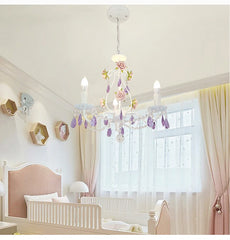 White Metal Chandelier with Rose Buds and Purple Crystal Drops
