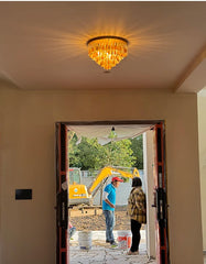 Gold Metal Frame Shell and Crystal Cascading Pendant Light Fixture