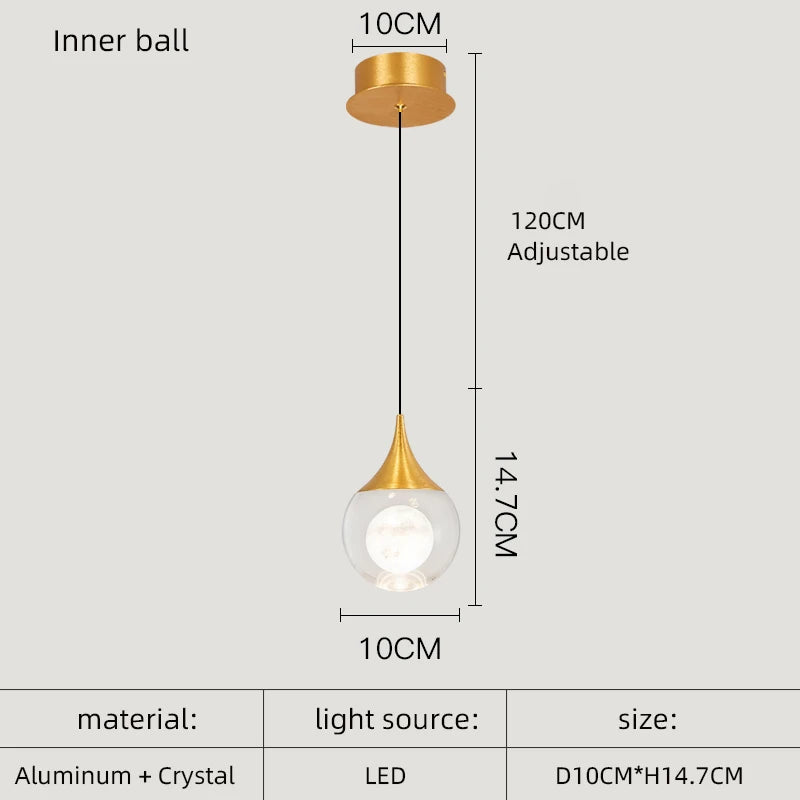 Pendant light with dimensions and material details on a white background