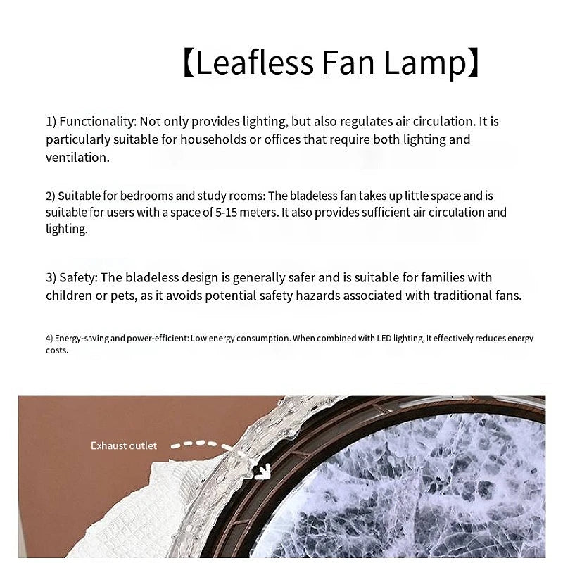 Leafless fan lamp with text describing its features on a white background