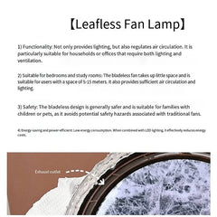 Leafless fan lamp with text describing its features on a white background