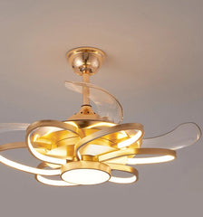 Gold ceiling fan with light on a gray background