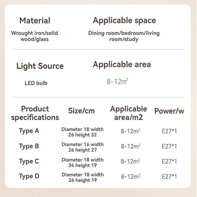 Product specifications table for lighting fixtures with material, light source, applicable space, and dimensions.