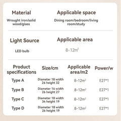 Product specifications table for lighting fixtures with material, light source, applicable space, and dimensions.