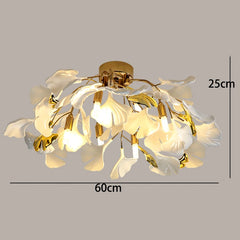 Ceiling light fixture with floral design and measurements on a gray background