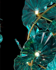 Decorative wall light fixture with teal glass leaves on a black background