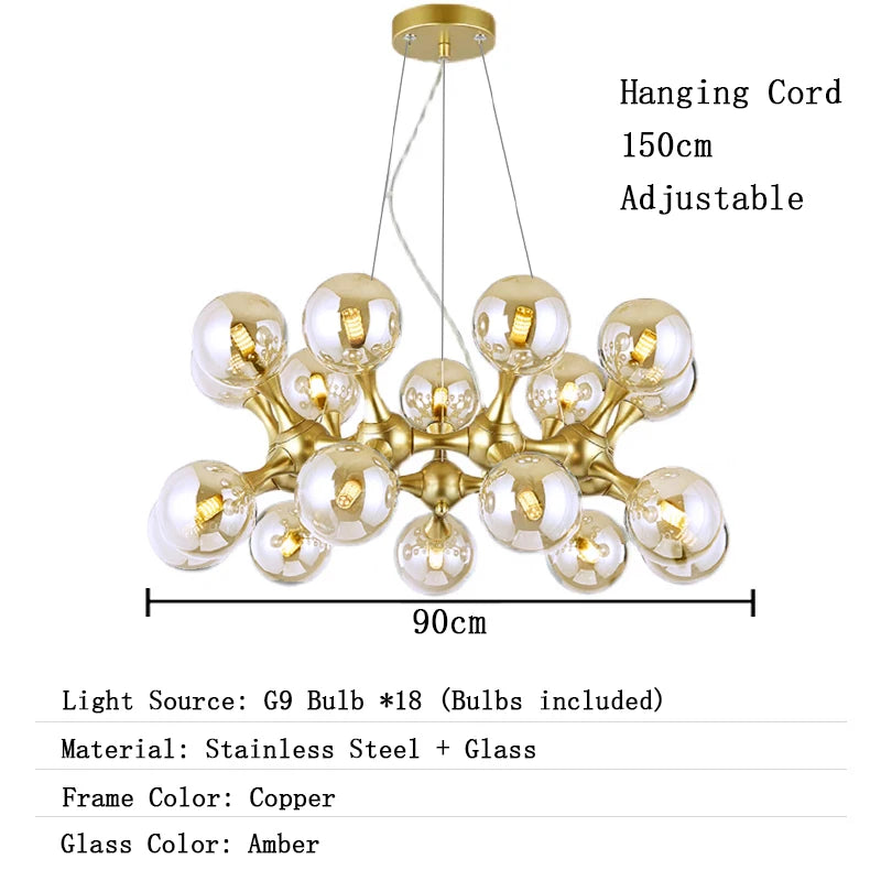 Chandelier with adjustable hanging cord, G9 bulbs, stainless steel, glass, and copper frame.