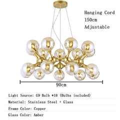 Chandelier with adjustable hanging cord, G9 bulbs, stainless steel, glass, and copper frame.