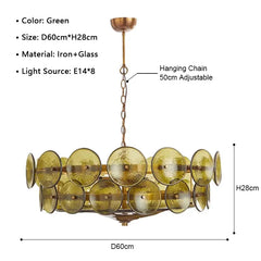 Chandelier with green glass shades and brass accents, labeled with specifications.