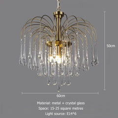 Chandelier with crystal droplets and dimensions on a gray background