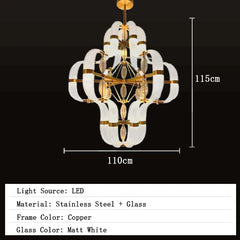 Chandelier with dimensions and product details on a black background