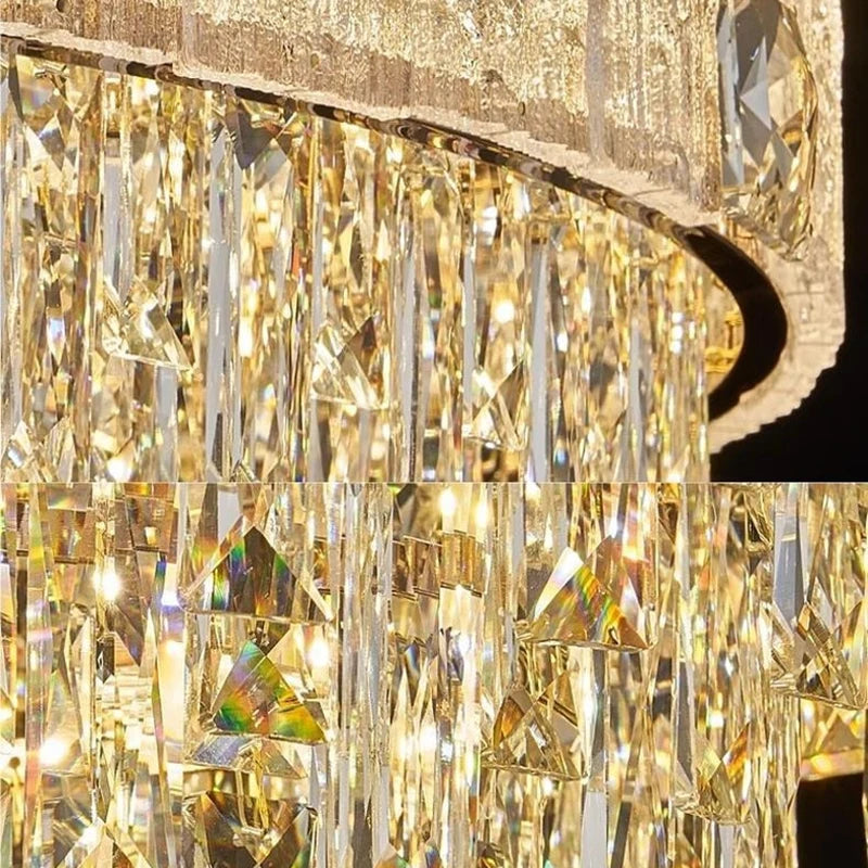 Close-up of a crystal chandelier with intricate design