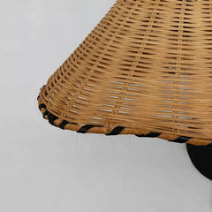 Rattan Cone Shade Wall Sconce with Black Metal Arm Natural Light