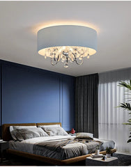Blue Fabric Drum Pendant Light with Crystal Accents
