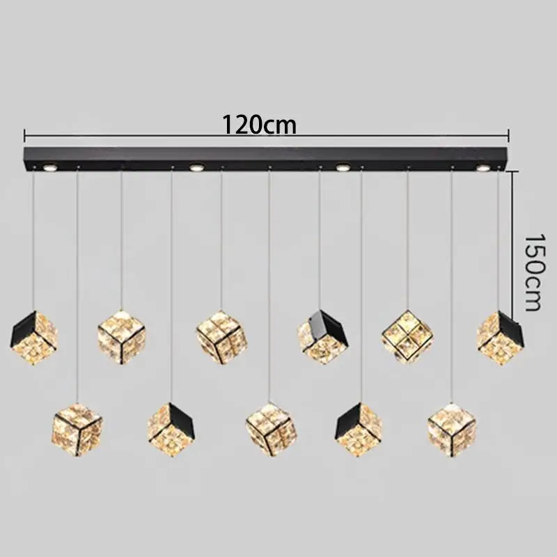 Chandelier with crystal cubes and measurement details on a gray background