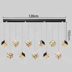 Chandelier with crystal cubes and measurement details on a gray background