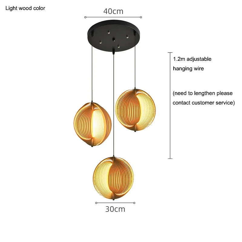 Three spherical pendant lights with dimensions and hanging wire length information on a white background.
