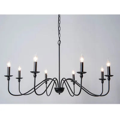 A black candelabra-style chandelier with multiple arms and exposed LED bulbs, shown against a white background.