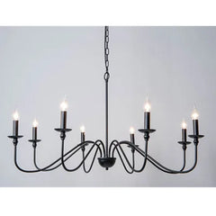 A black candelabra-style chandelier with multiple arms and exposed LED bulbs, shown against a white background.
