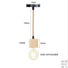 Pendant light with wooden shade and bulb, dimensions shown, bulb not included