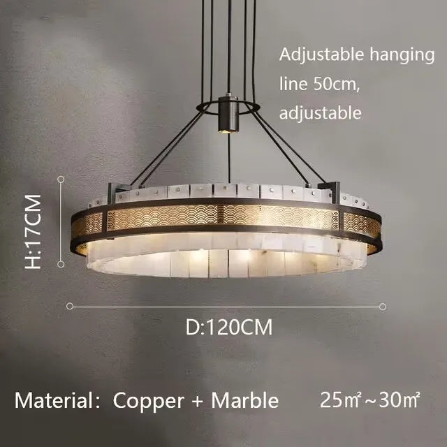 Chandelier with dimensions and material details on a gray background