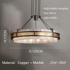 Chandelier with dimensions and material details on a gray background