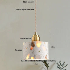 Pendant light with labeled parts and dimensions on a neutral background